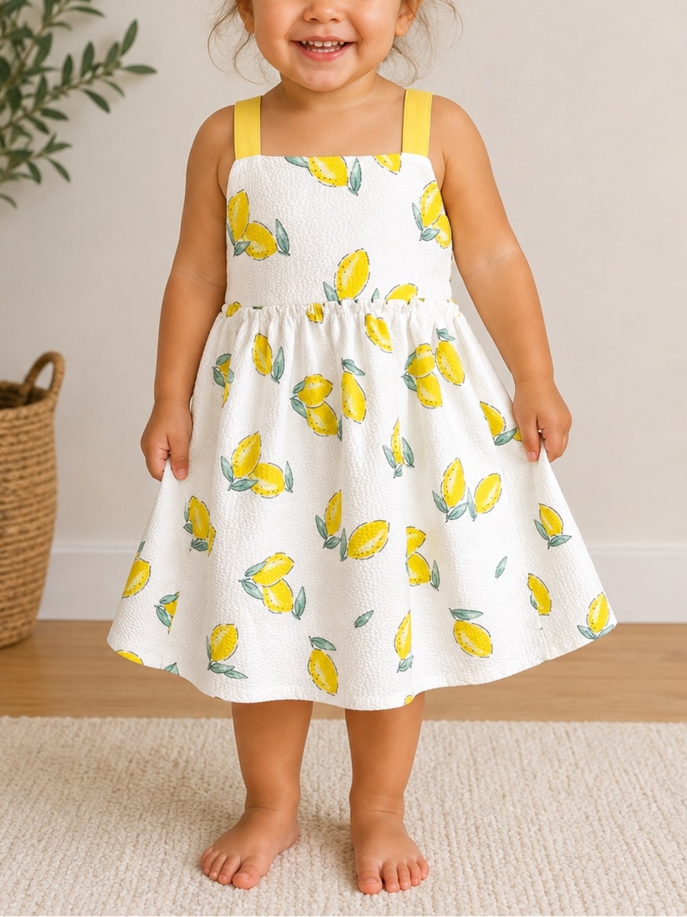 Zara Girls Lemon Print Sundress 3-4Y White Yellow Seersucker Cottagecore Summer